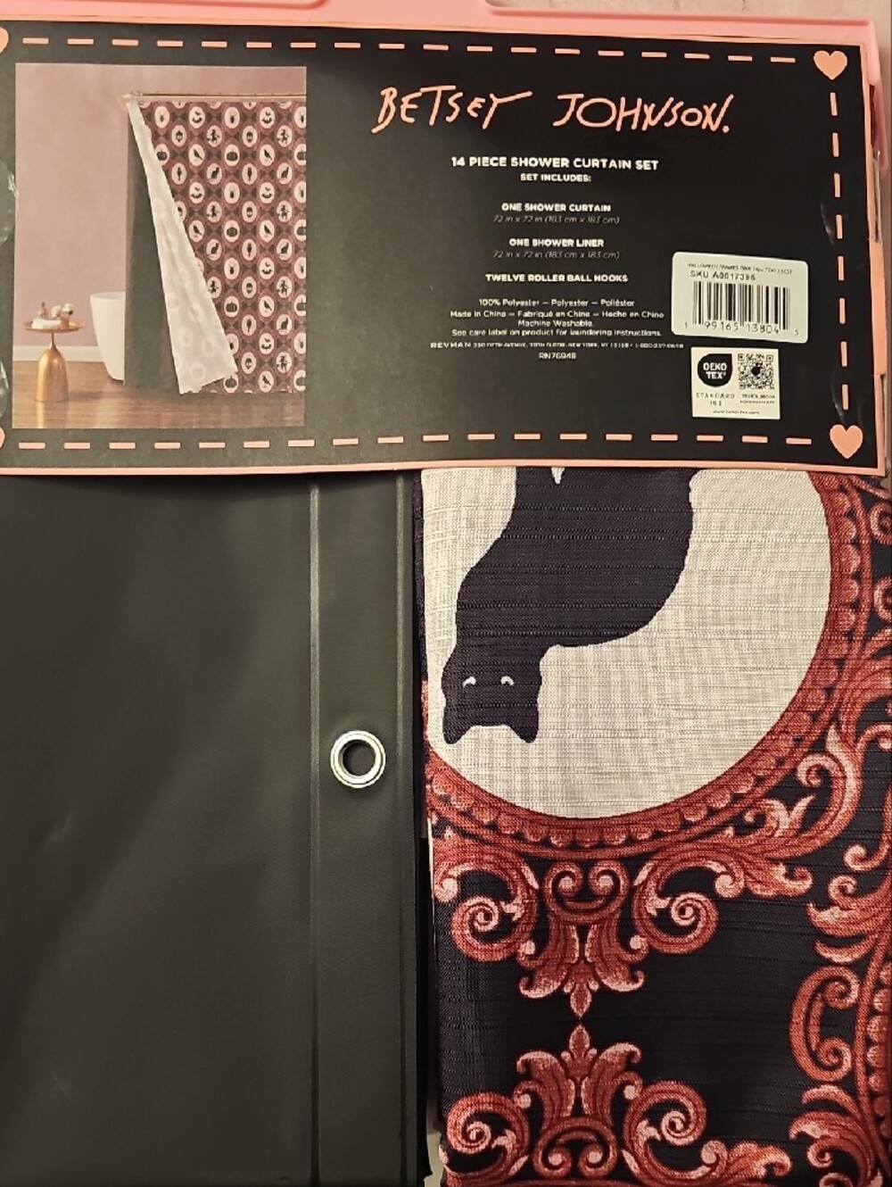 Betsey Johnson Black Shower Curtain Set with Hooks - Halloween - Picture 3 of 4